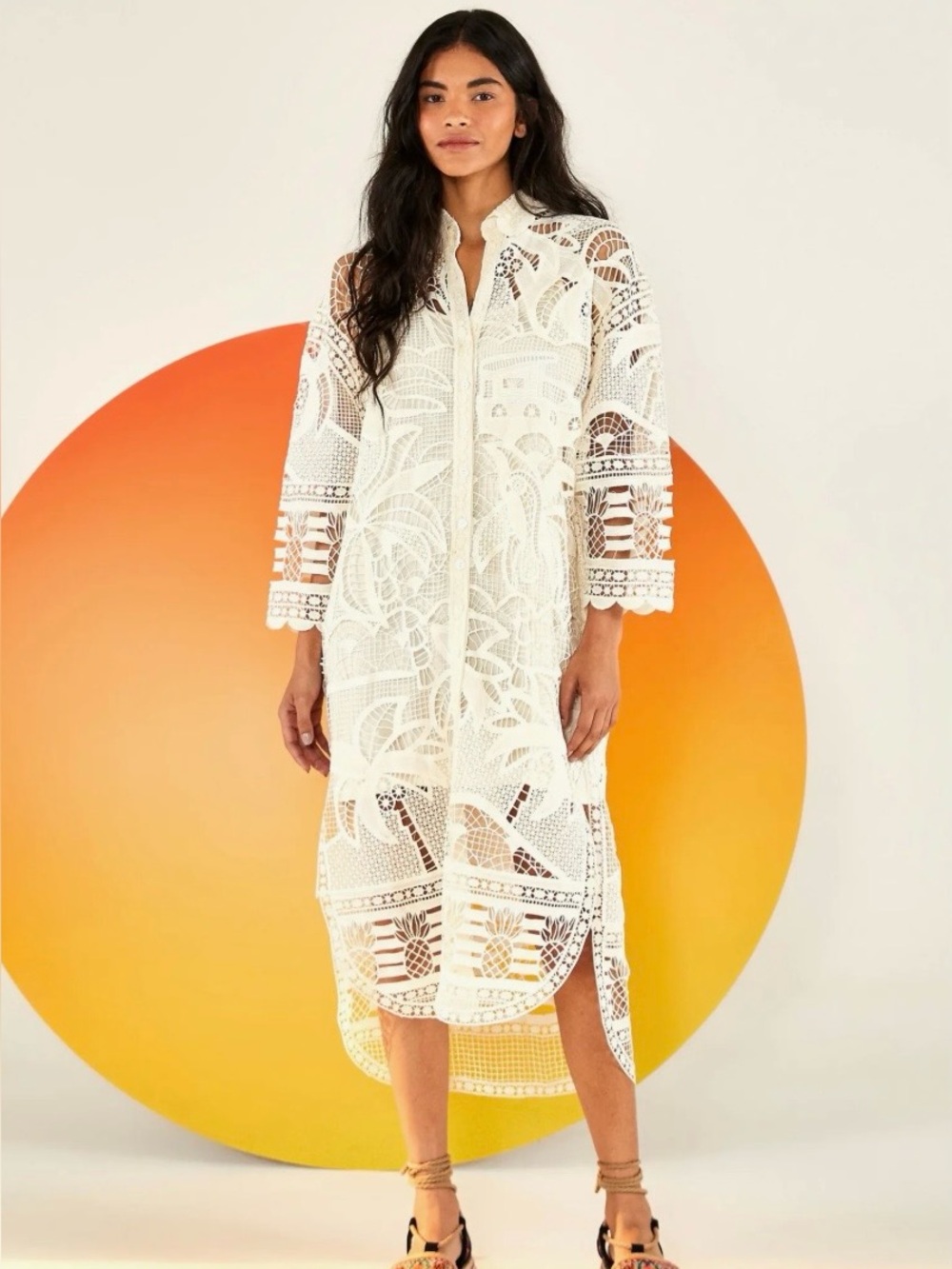 Farm Rio Guipure Lace High Low Shirt Dress in Off White